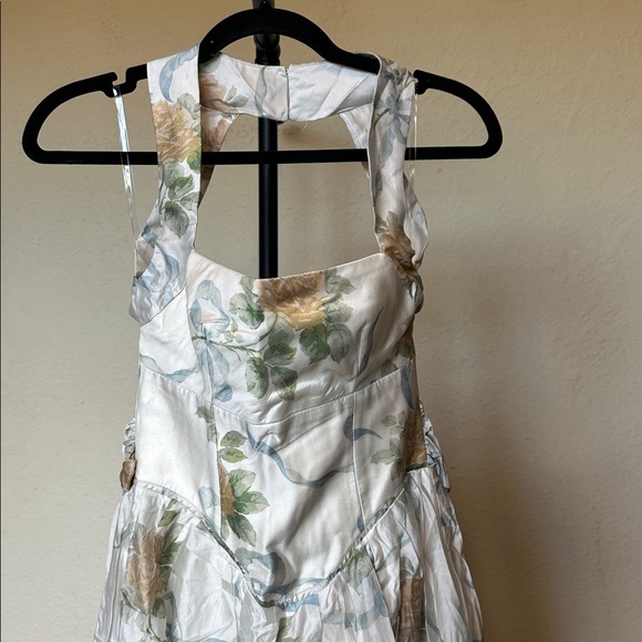 House of CB Minerva Soft Blue Vintage Ribbon Print Chiffon Midi Sundress Size XS - Picture 5 of 10